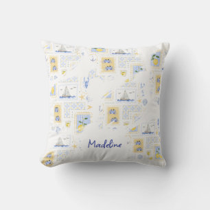 Mediterranean Tile Lemon Coastal Monogram Name Cushion