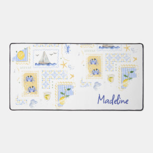 Mediterranean Tile Lemon Coastal Monogram Name Desk Mat