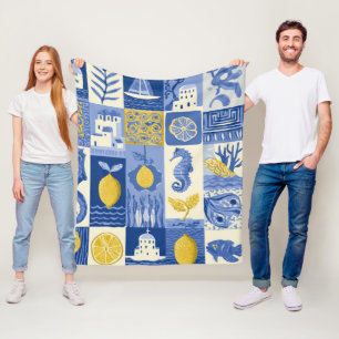 Mediterranean Tile Lemon Coastal Pattern Fleece Blanket