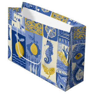 Mediterranean Tile Lemon Coastal Pattern Large Gift Bag