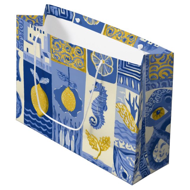 Mediterranean Tile Lemon Coastal Pattern Large Gift Bag (Front Angled)