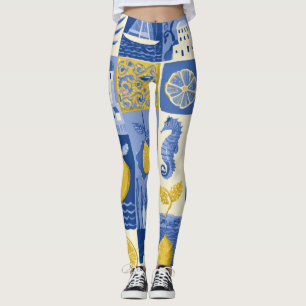 Mediterranean Tile Lemon Coastal Pattern Leggings
