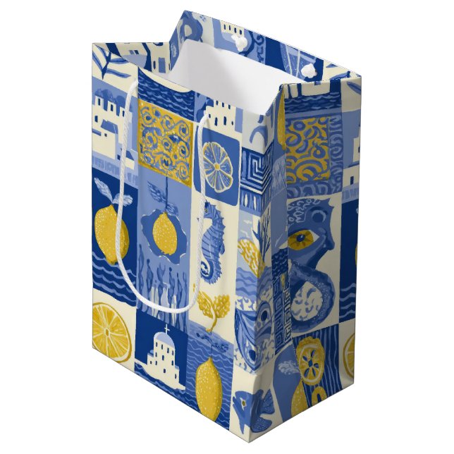 Mediterranean Tile Lemon Coastal Pattern Medium Gift Bag (Front Angled)