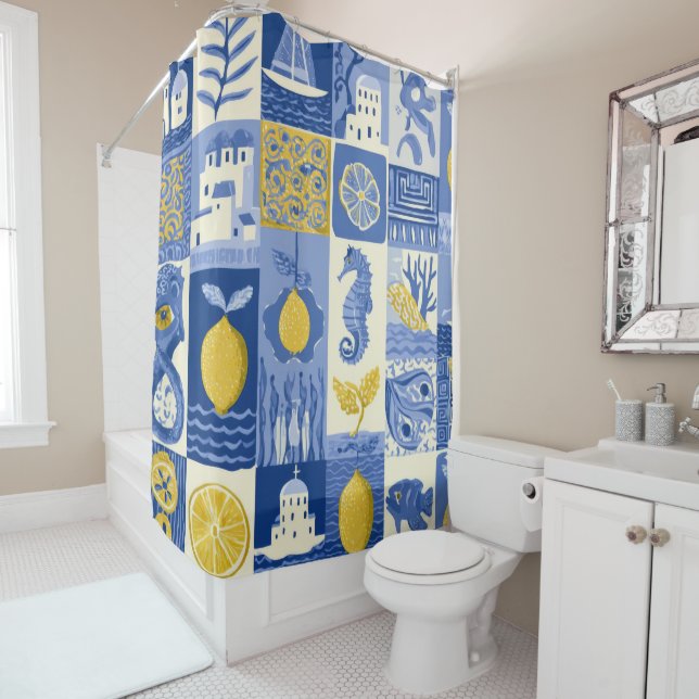 Mediterranean Tile Lemon Coastal Pattern Shower Curtain (In Situ)