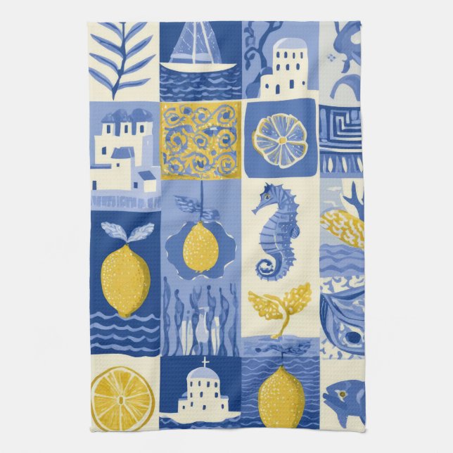 Mediterranean Tile Lemon Coastal Pattern Tea Towel (Vertical)