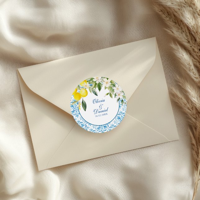 Mediterranean Tile & Lemon Favour Sticker (Mediterranean Blue Tiles and Lemons Wedding Classic Round Sticker on a wedding envelope.)