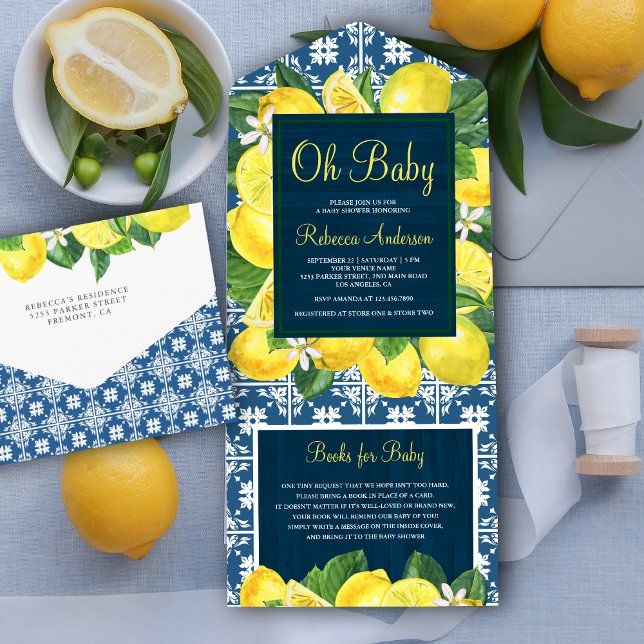 Mediterranean Tile Lemon Orchard Navy Baby Shower All In One Invitation (Creator Uploaded)
