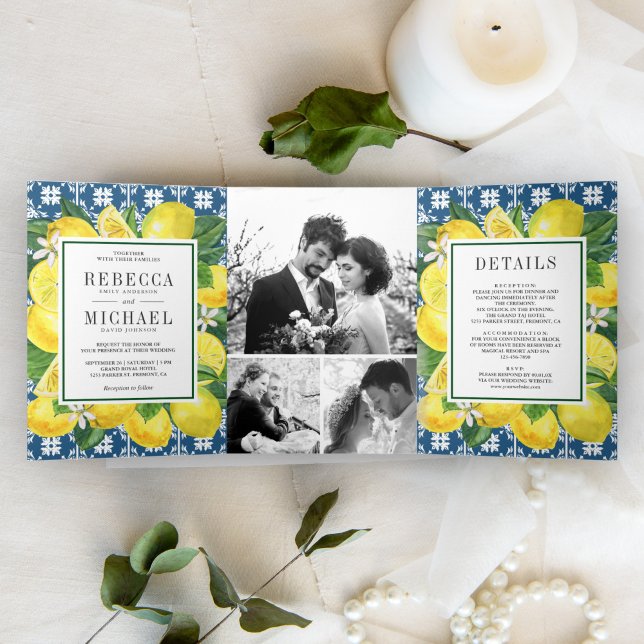 Mediterranean Tile Lemon Photo Collage Wedding Tri-Fold Invitation (Creator Uploaded)