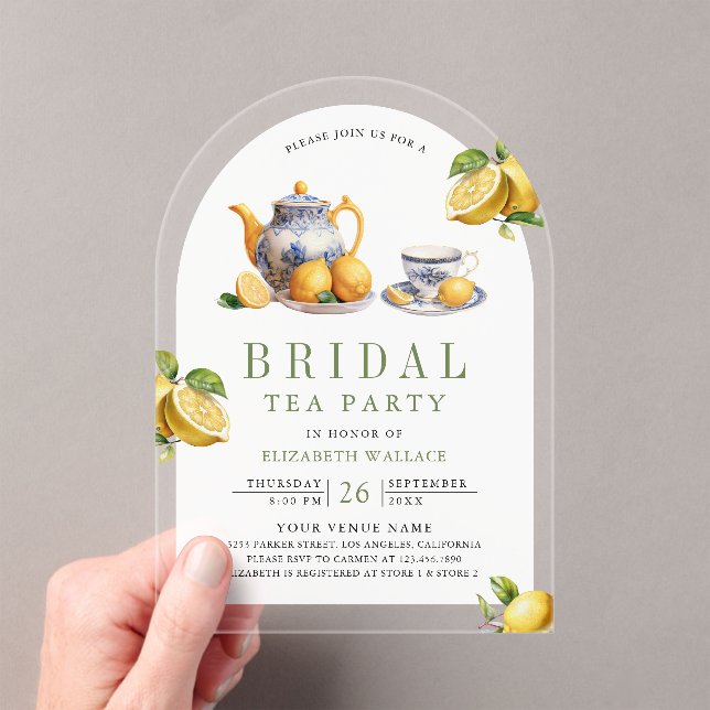 Mediterranean Tile Lemon Tea Party Bridal Shower Acrylic Invitations (Insitu (Handheld))