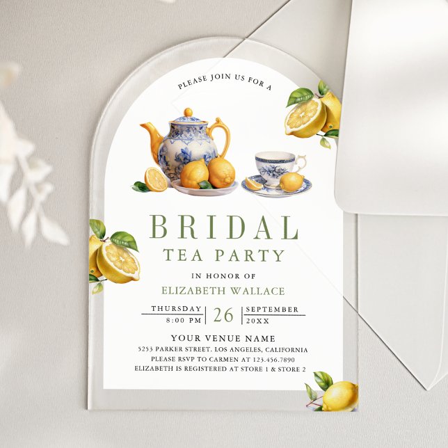 Mediterranean Tile Lemon Tea Party Bridal Shower Acrylic Invitations (Creator Uploaded)