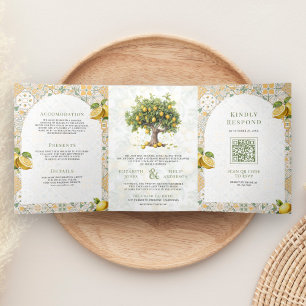 Mediterranean Tile Lemon Tree All in One Wedding Tri-Fold Invitation