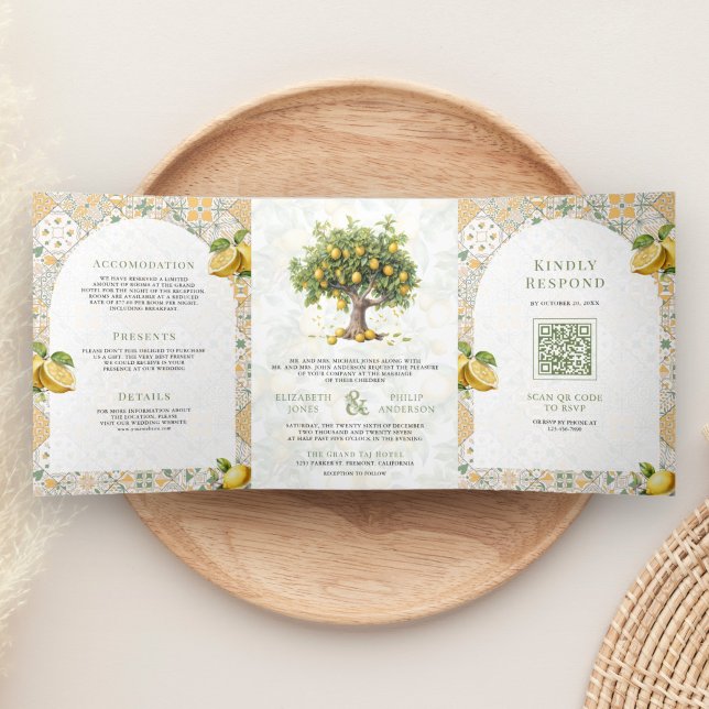 Mediterranean Tile Lemon Tree All in One Wedding Tri-Fold Invitation (Creator Uploaded)