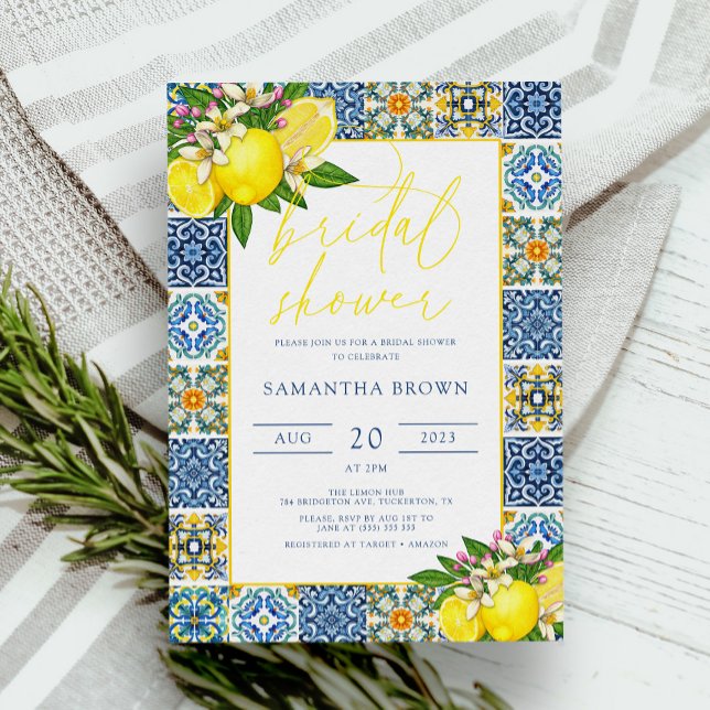 Mediterranean Tile & Lemons Chic Bridal Shower Invitation (Creator Uploaded)