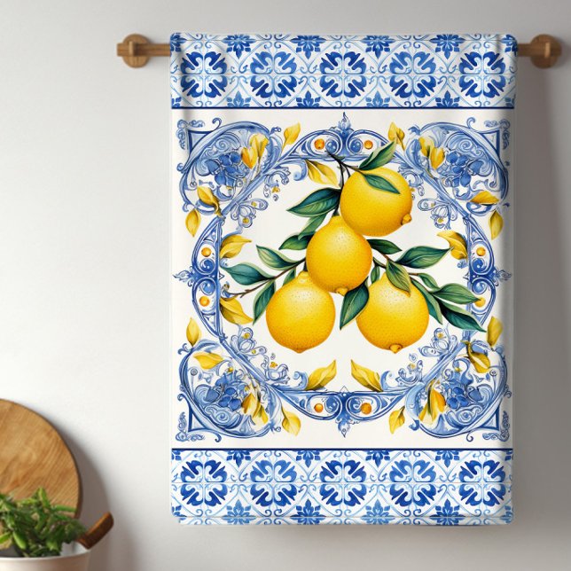 Mediterranean Tile Lemons Tea Towel (Mediterranean blue and white tiles with colorful lemon kitchen towels will brighten and kitchen.)