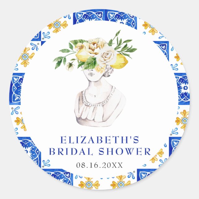 Mediterranean Tile Main Squeze Lemon Bridal Shower Classic Round Sticker (Front)