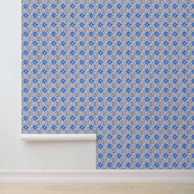 Mediterranean Tile Patterned Amalfi Chic Blue Wallpaper (Application)