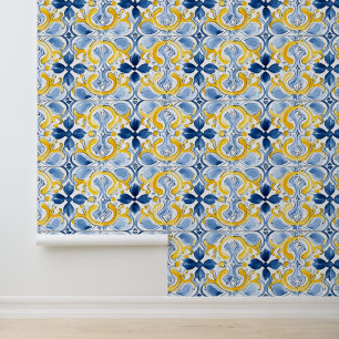 Mediterranean Tile Patterns Blue Yellow Marble  Wallpaper