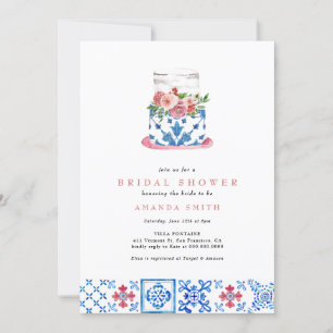 Mediterranean Tile Pink Floral Cake Bridal Shower Invitation