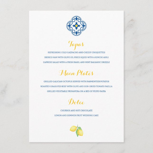 Mediterranean Tile Watercolor Lemon Wedding Menu (Front)