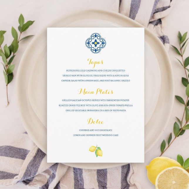 Mediterranean Tile Watercolor Lemon Wedding Menu (Creator Uploaded)