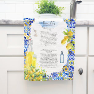 Mediterranean Tile Watercolor Limoncello Recipe Tea Towel