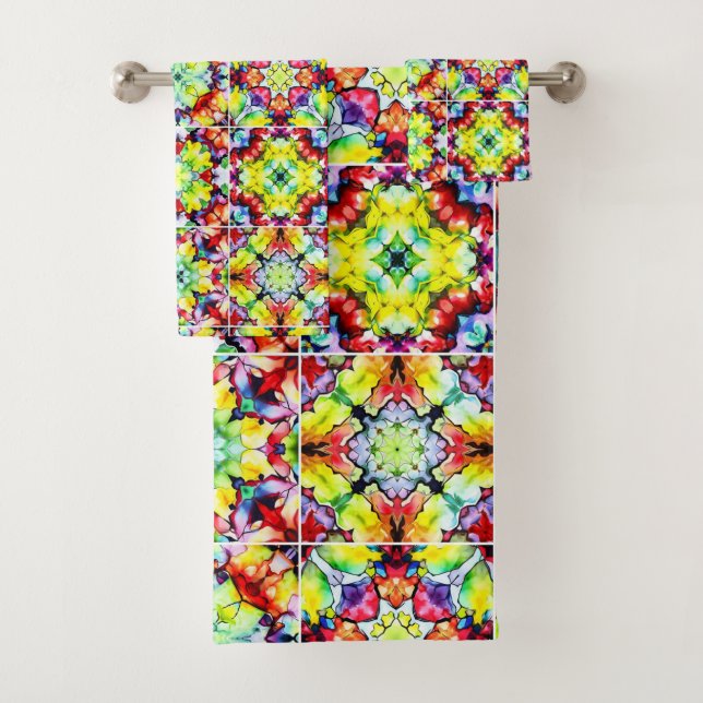 Mediterranean Tiles, Alcohol Ink Tiles, Majolica Bath Towel Set (Insitu)