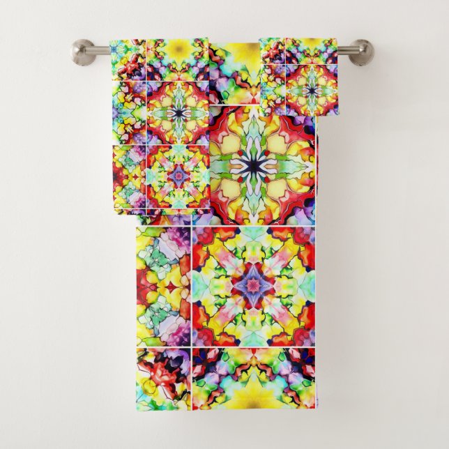 Mediterranean Tiles, Alcohol Ink Tiles, Majolica Bath Towel Set (Insitu)