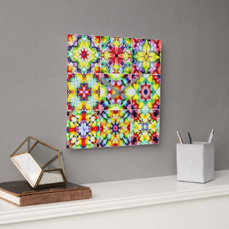 Mediterranean Tiles, Alcohol Ink Tiles, Majolica Square Wall Clock