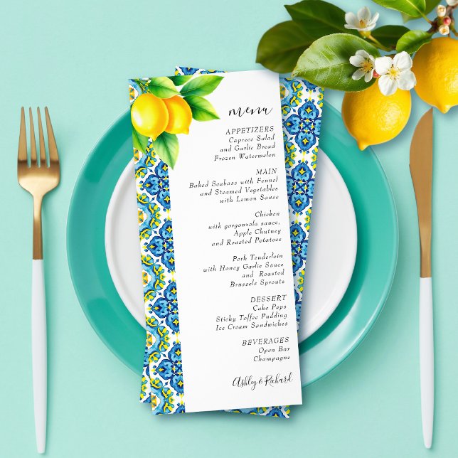  Mediterranean tiles and lemons wedding menu card (Creator Uploaded)