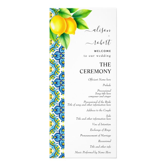 Mediterranean tiles and lemons wedding program rack card (Front)