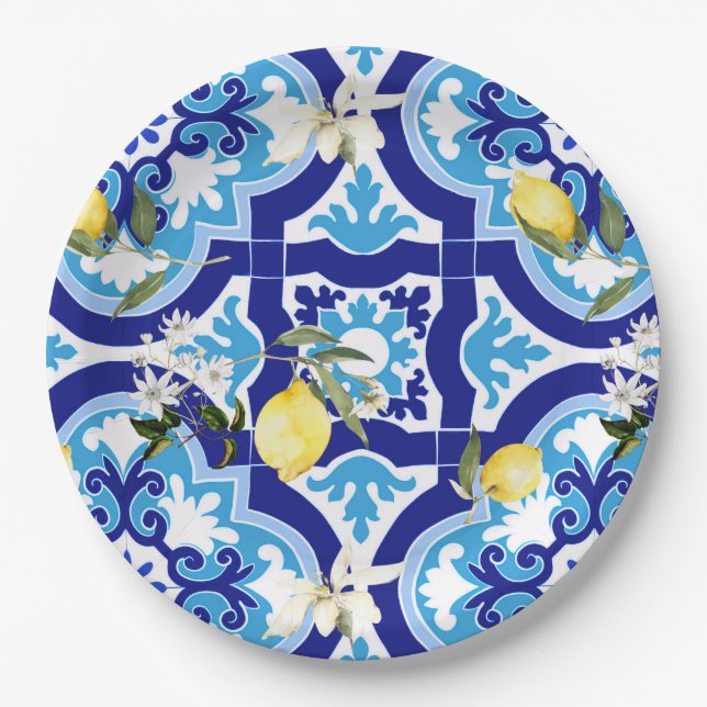 Mediterranean tiles,blue tiles,lemon, paper plate (Front)