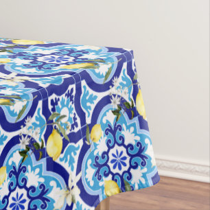Mediterranean tiles,blue tiles,lemon, tablecloth