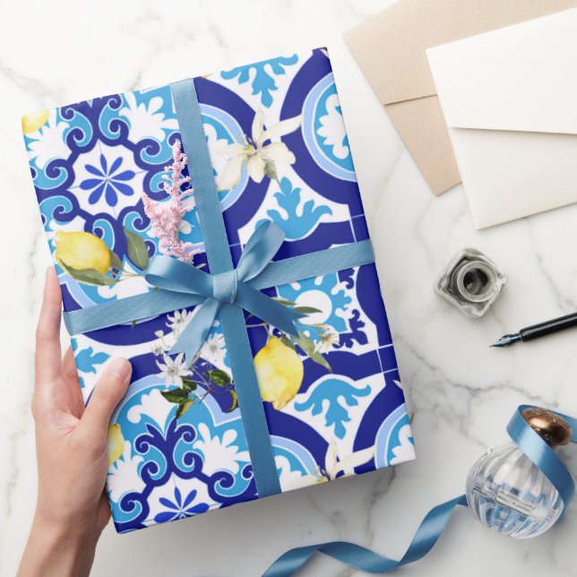 Mediterranean tiles,blue tiles,lemon, wrapping paper (Gifting)