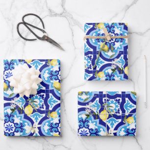 Mediterranean tiles,blue tiles,lemon, wrapping paper sheet