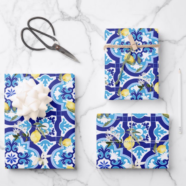Mediterranean tiles,blue tiles,lemon, wrapping paper sheet (Front)