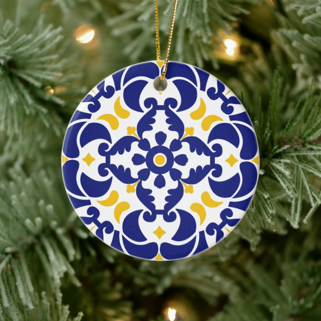 Mediterranean Tiles Blue & Yellow Pattern Ceramic Ornament (Tree)