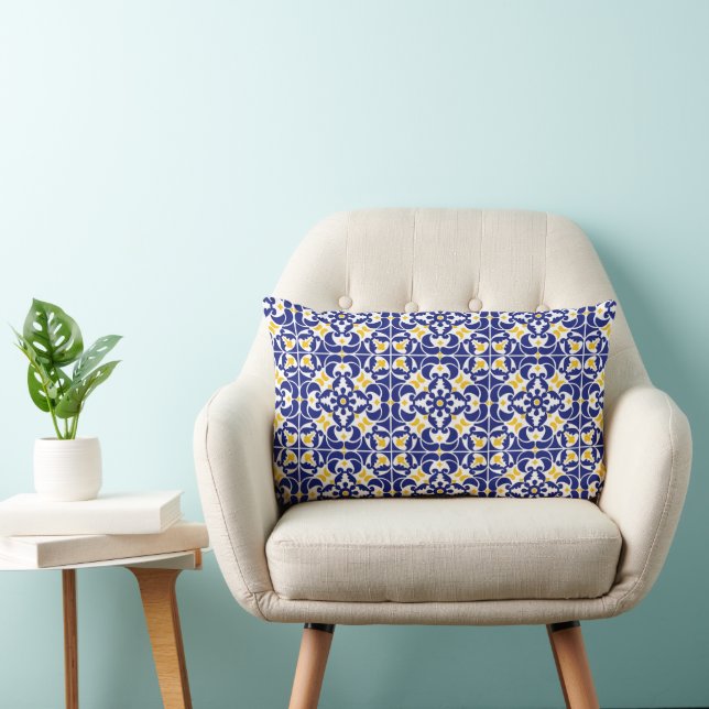 Mediterranean Tiles Blue & Yellow Pattern Lumbar Cushion (Chair)