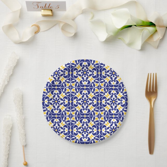Mediterranean Tiles Blue & Yellow Pattern Paper Plate (Wedding)