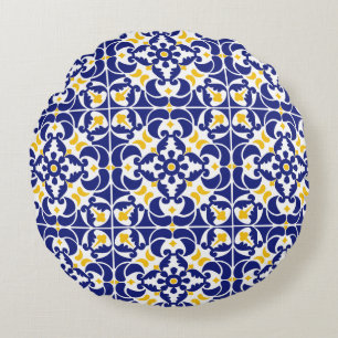 Mediterranean Tiles Blue & Yellow Pattern Round Cushion