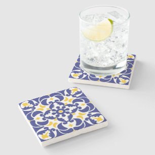 Mediterranean Tiles Blue & Yellow Pattern Stone Coaster