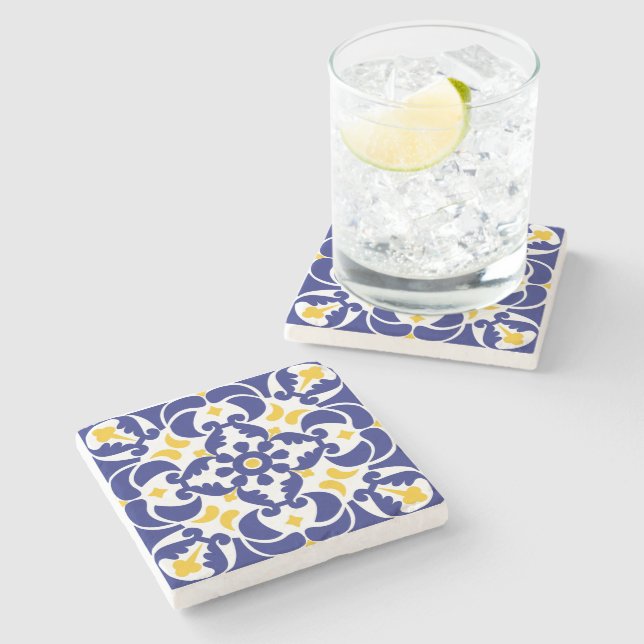 Mediterranean Tiles Blue & Yellow Pattern Stone Coaster (Side)