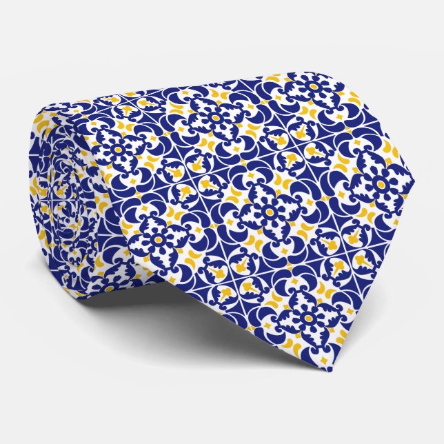 Mediterranean Tiles Blue & Yellow Pattern Tie (Rolled)