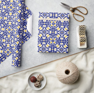 Mediterranean Tiles Blue & Yellow Pattern Wrapping Paper