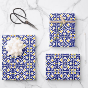 Mediterranean Tiles Blue & Yellow Pattern Wrapping Paper Sheet
