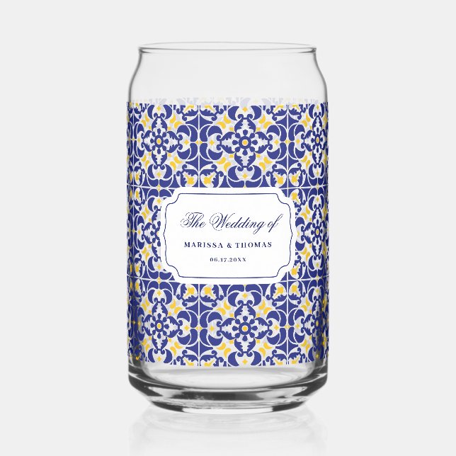 Mediterranean Tiles Blue & Yellow Wedding Gift Can Glass (Front)