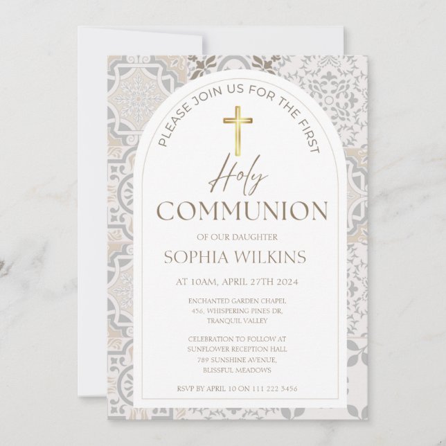 Mediterranean Tiles Boho First Holy Communion Invitation (Front)