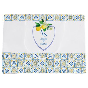 Mediterranean Tiles Italy Blue Crest Lemon Wedding Large Gift Bag