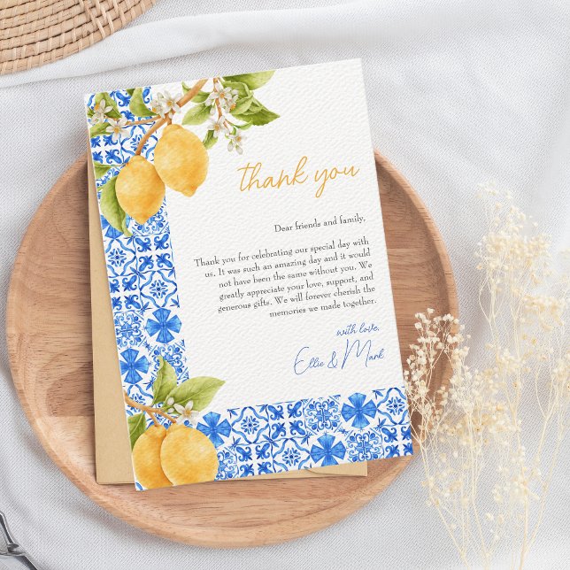 Mediterranean Tiles Italy Lemon Bridal Shower  Thank You Card (Lemon Italian Tiles Thank You Card)