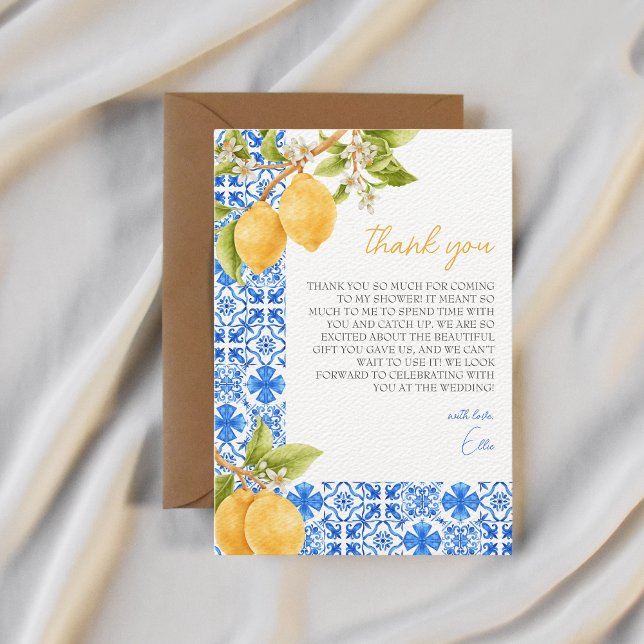 Mediterranean Tiles Italy Lemon Bridal Shower  Thank You Card (birdal shower main squeeze thank you card)