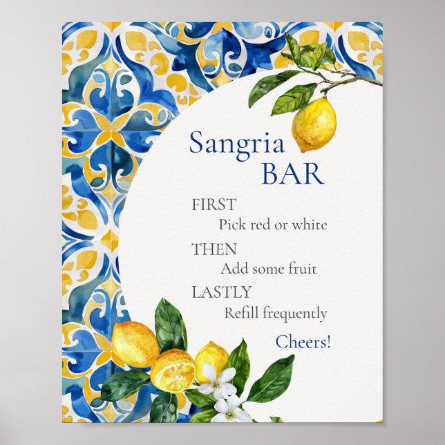 Mediterranean Tiles Lemon 25 Birthday Sangria Bar Poster (Front)
